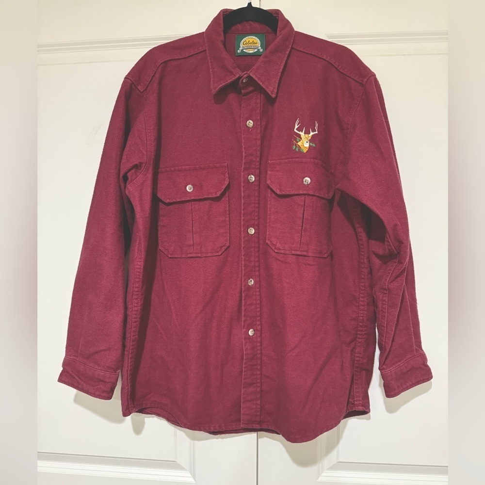 Cabelas Shirt Mens Embroidered Deer Long Sleeve Button Down Outdoor Maroon szL